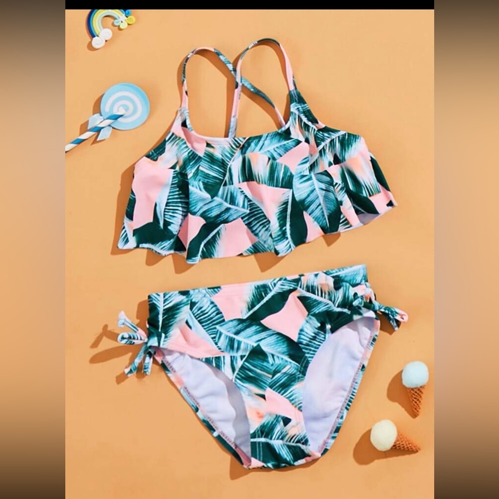 Shein toddler girl size 110 5y swimsuit bikini two piece tropical print